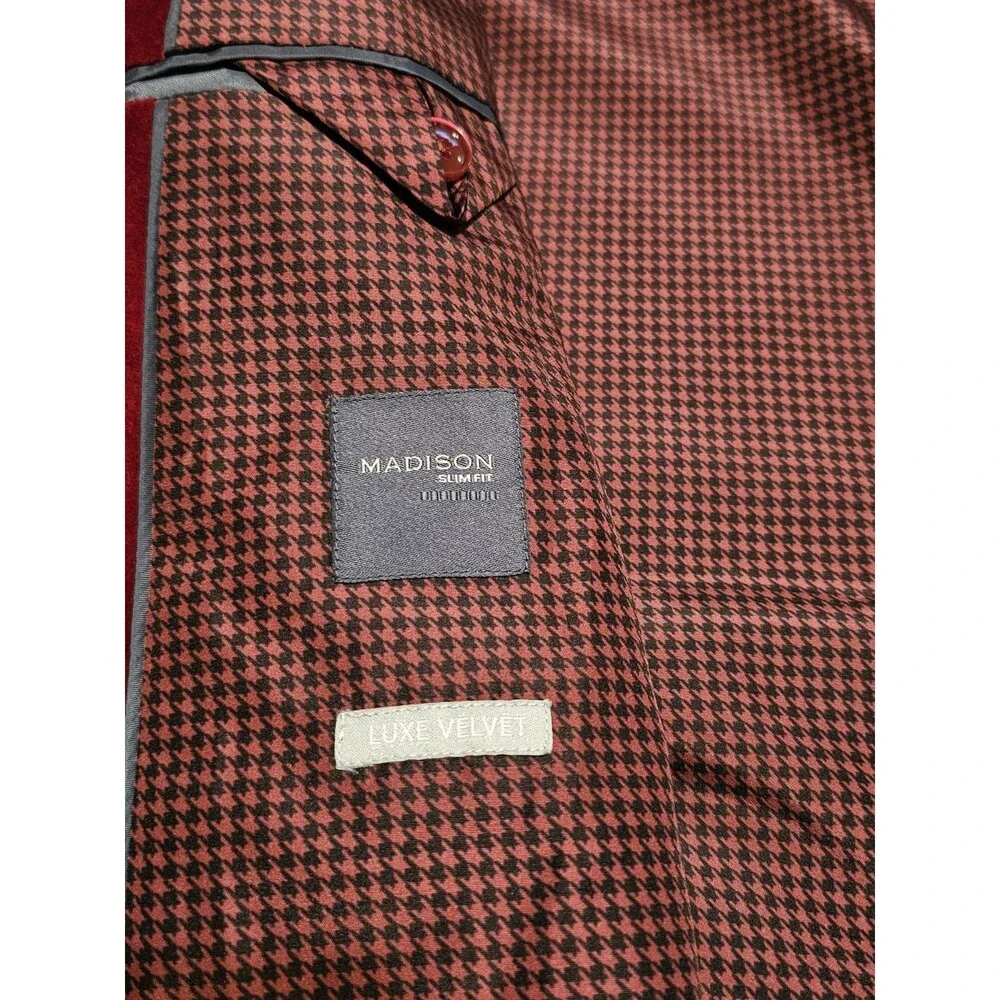 Madison Slim Fit Luxe Velvet Blazer Men's 54L Red Burgundy Jacket Coat Cotton